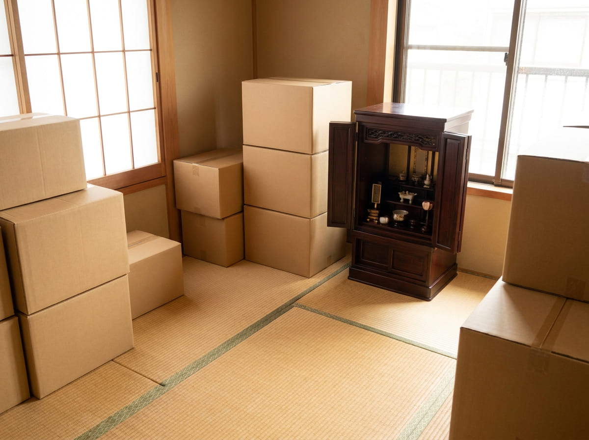 遺品整理中のお部屋に安置された中型のお仏壇