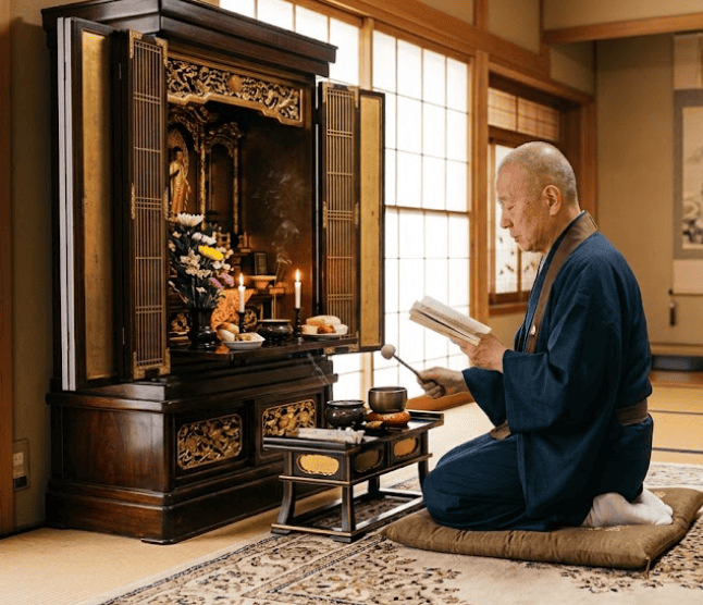 お坊さんがお仏壇の前で読経しご供養している様子