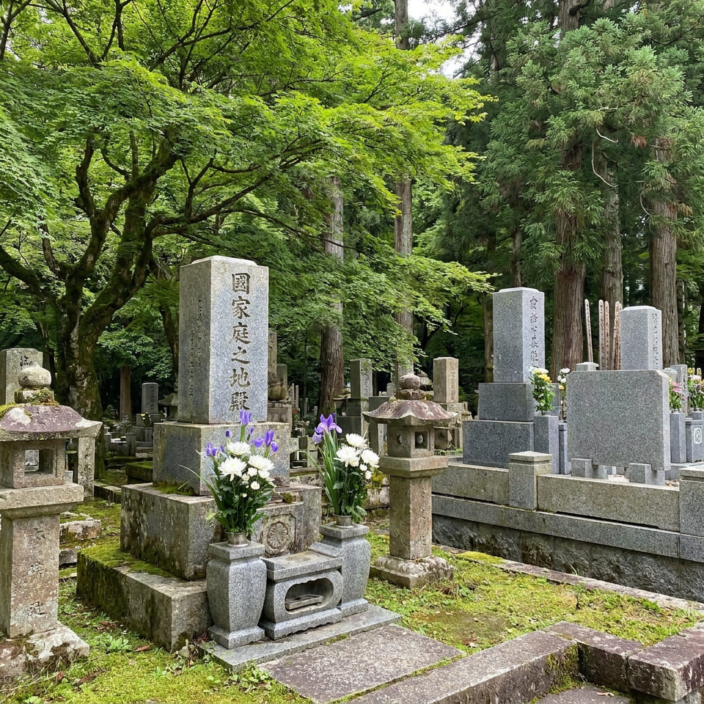 緑に囲まれた日本のお墓
