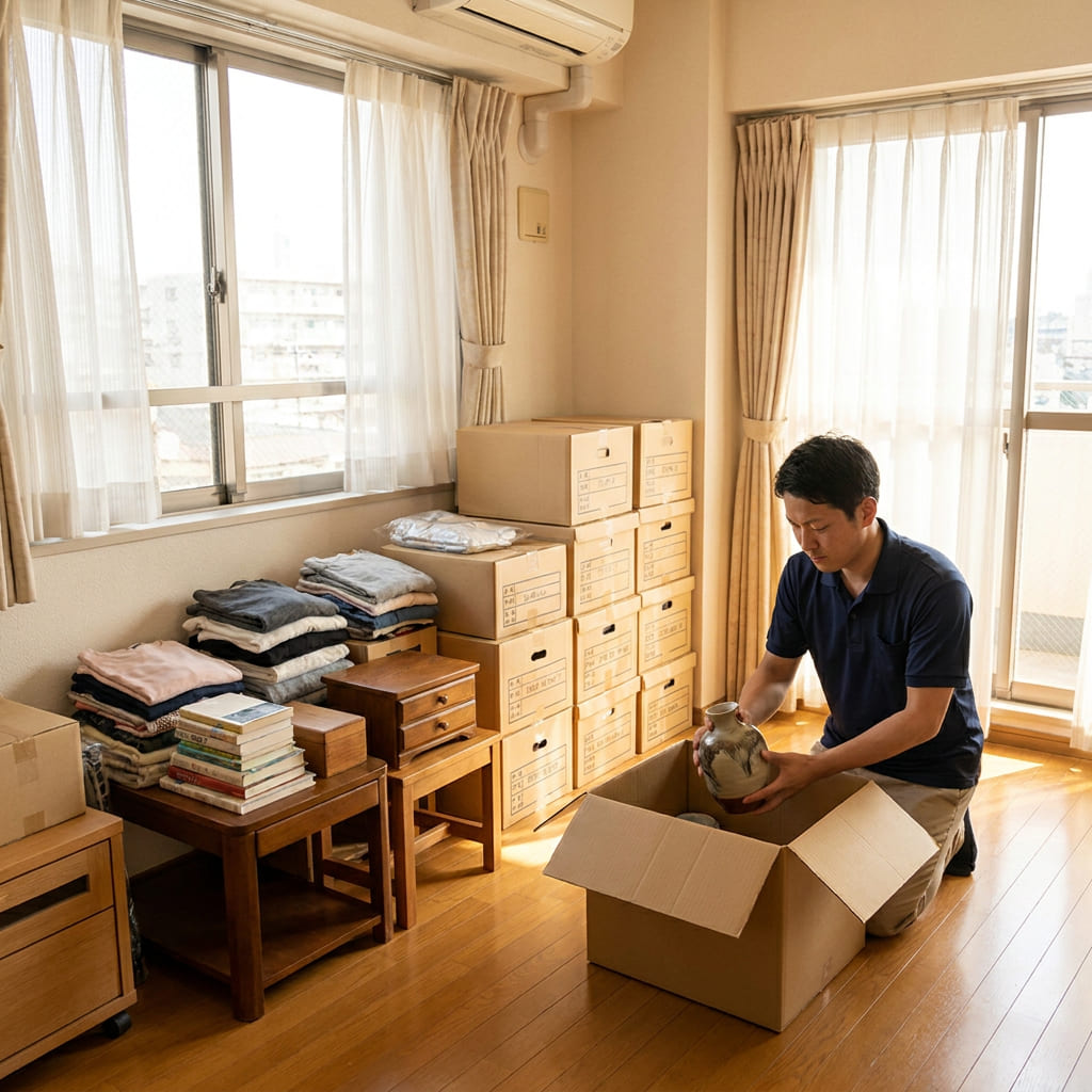 遺品整理で荷物を丁寧に仕分けするスタッフ
