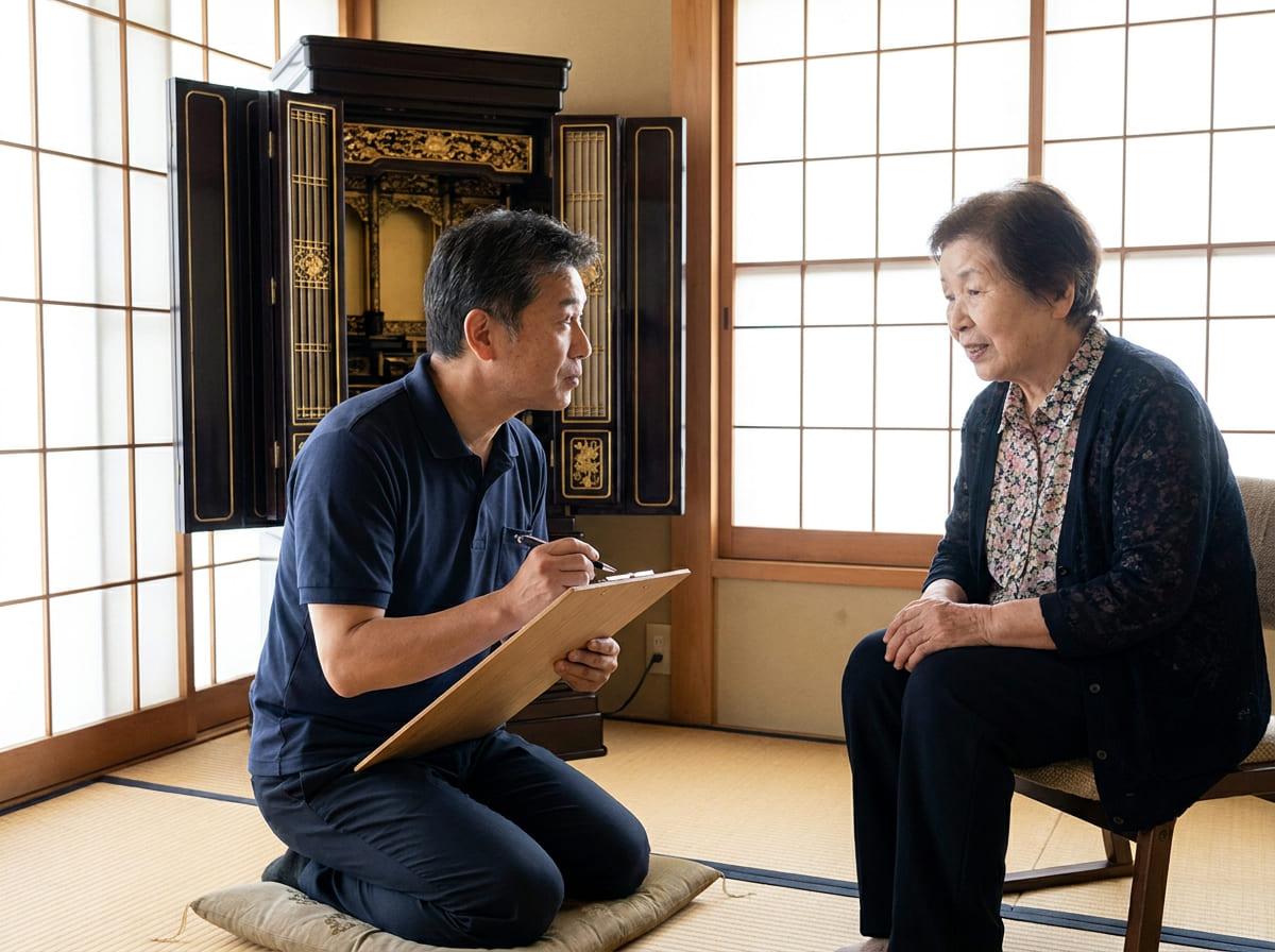 お仏壇を前にお客様のお話を丁寧に伺うスタッフ