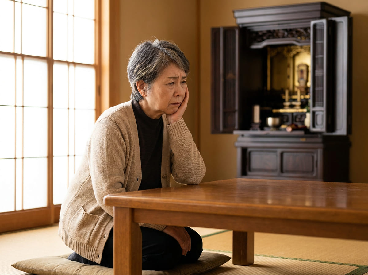 お仏壇を前に悩む60代の女性